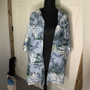 Vintage Rima Hawaiian Print Blue White Button-Up Shirt Beach Vacation Resortwear